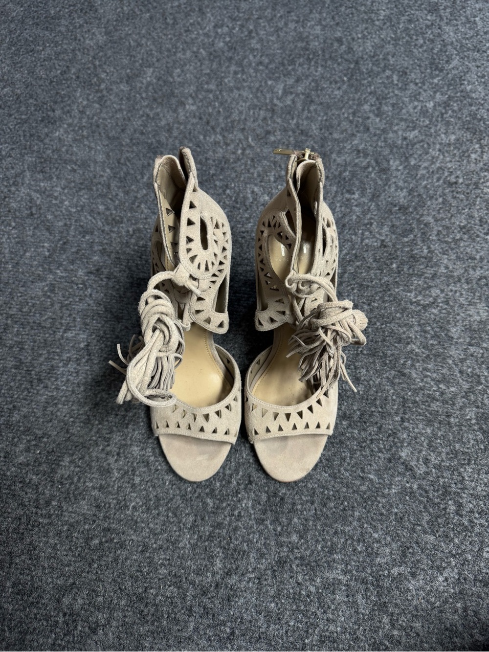 Marc Fisher Beige Laser-Cut Suede Lace-Up Heeled Sandals